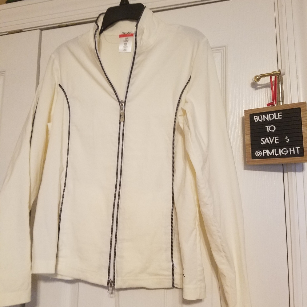 Danskin Now Medium Jacket Ivory Black Trim Zip Up